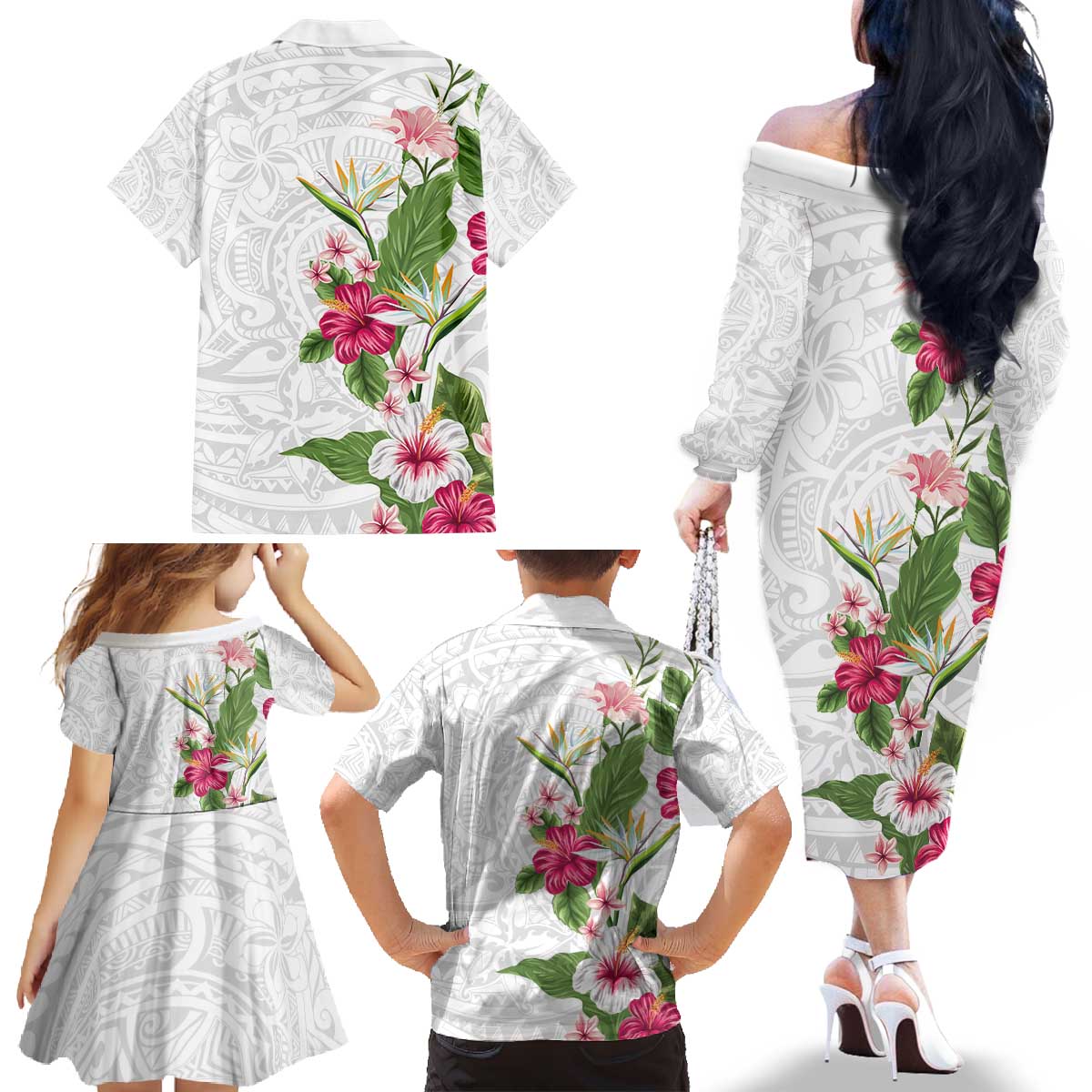 Hawaii Tropical Flowers Family Matching Off The Shoulder Long Sleeve Dress and Hawaiian Shirt Polynesian Tattoo White LT05 - Polynesian Pride