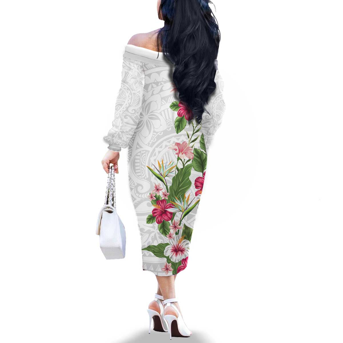 Hawaii Tropical Flowers Family Matching Off The Shoulder Long Sleeve Dress and Hawaiian Shirt Polynesian Tattoo White LT05 - Polynesian Pride