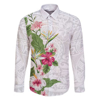 Hawaii Tropical Flowers Family Matching Off Shoulder Maxi Dress and Hawaiian Shirt - Polynesian Tattoo White LT05 Dad's Shirt - Long Sleeve White - Polynesian Pride