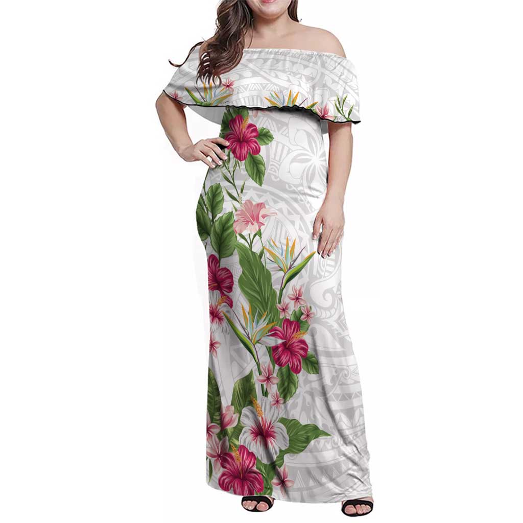 Hawaii Tropical Flowers Family Matching Off Shoulder Maxi Dress and Hawaiian Shirt - Polynesian Tattoo White LT05 Mom's Dress White - Polynesian Pride