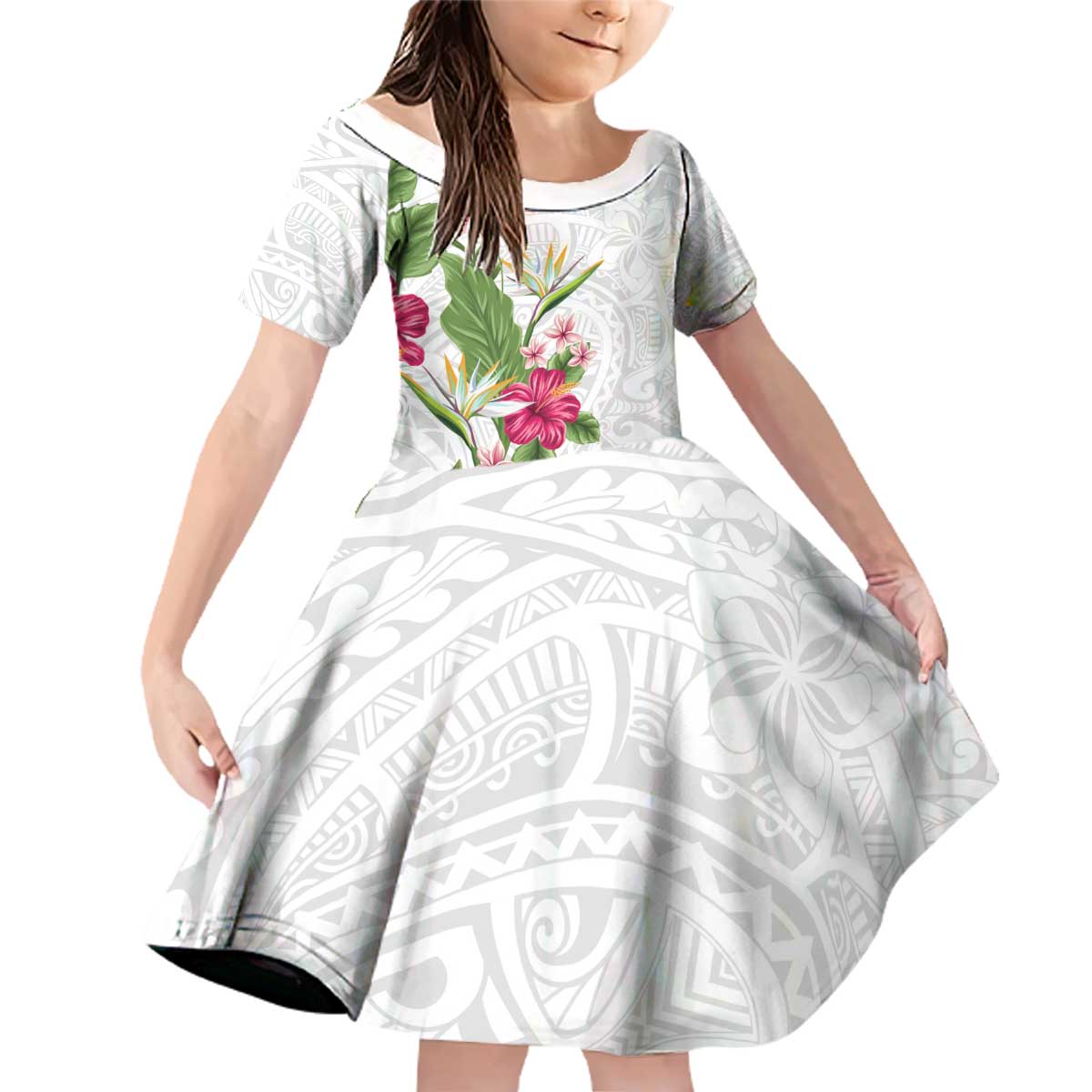 Hawaii Tropical Flowers Family Matching Off Shoulder Short Dress and Hawaiian Shirt Polynesian Tattoo White LT05 Daughter's Dress White - Polynesian Pride