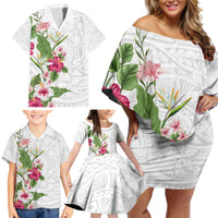 Hawaii Tropical Flowers Family Matching Off Shoulder Short Dress and Hawaiian Shirt Polynesian Tattoo White LT05 - Polynesian Pride