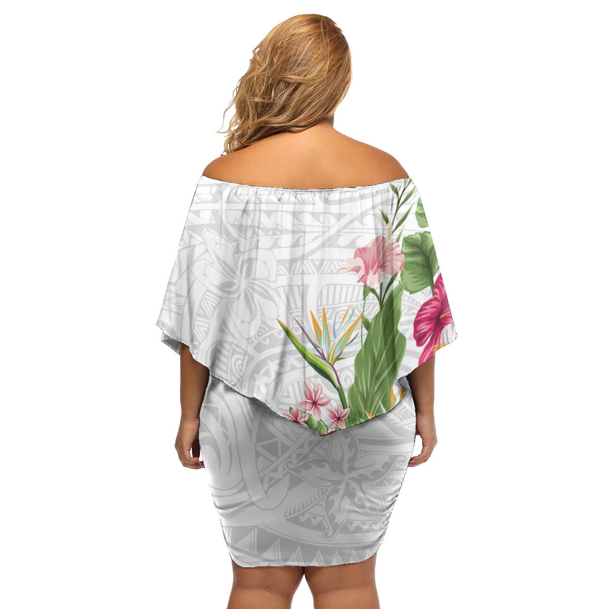 Hawaii Tropical Flowers Family Matching Off Shoulder Short Dress and Hawaiian Shirt Polynesian Tattoo White LT05 - Polynesian Pride