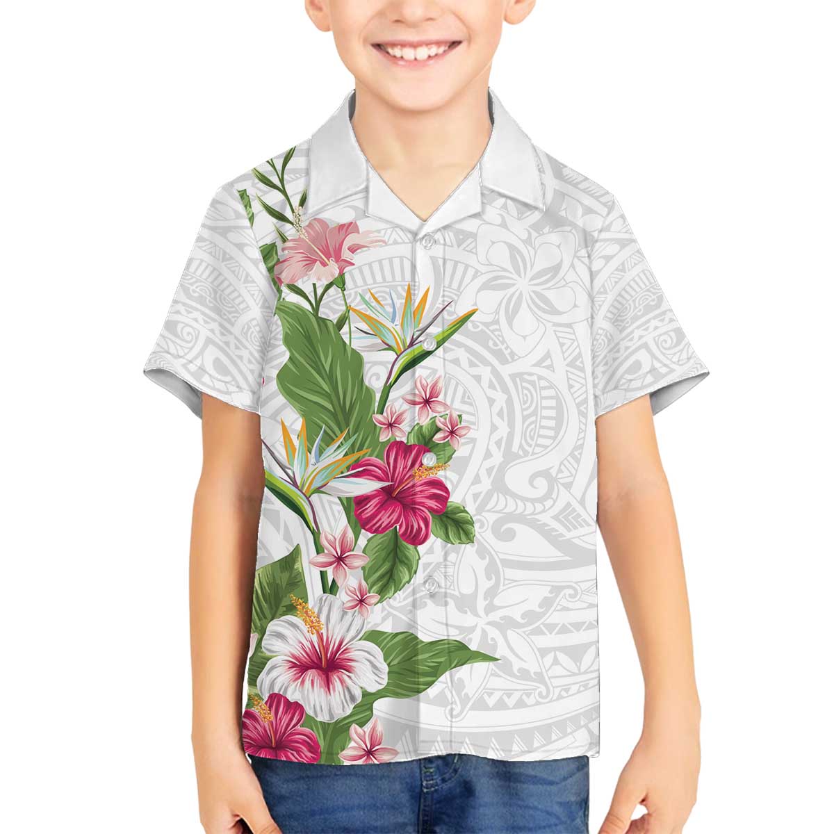 Hawaii Tropical Flowers Family Matching Off Shoulder Short Dress and Hawaiian Shirt Polynesian Tattoo White LT05 Son's Shirt White - Polynesian Pride
