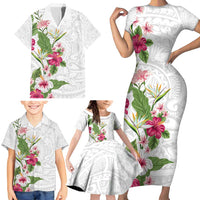 Hawaii Tropical Flowers Family Matching Short Sleeve Bodycon Dress and Hawaiian Shirt Polynesian Tattoo White LT05 - Polynesian Pride