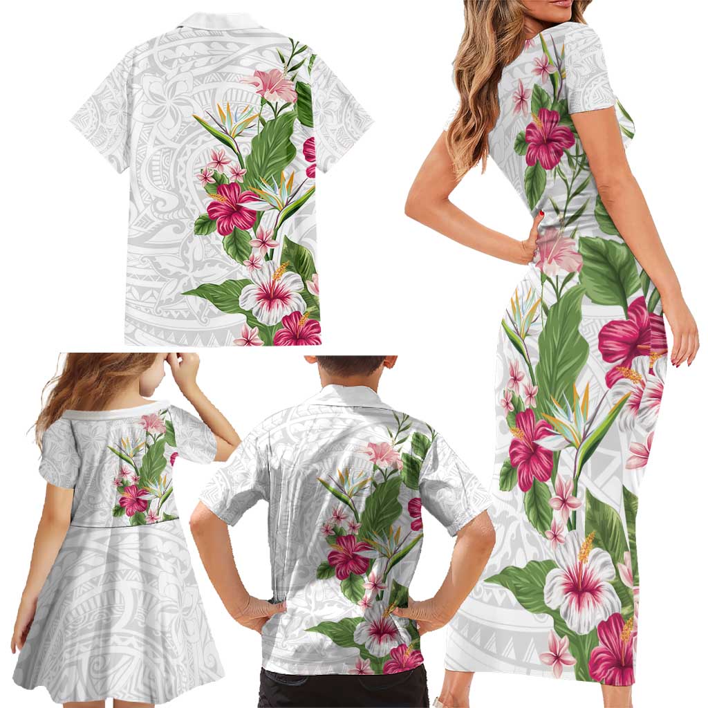 Hawaii Tropical Flowers Family Matching Short Sleeve Bodycon Dress and Hawaiian Shirt Polynesian Tattoo White LT05 - Polynesian Pride