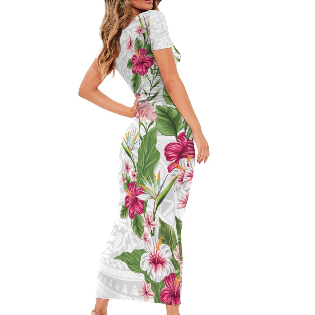 Hawaii Tropical Flowers Family Matching Short Sleeve Bodycon Dress and Hawaiian Shirt Polynesian Tattoo White LT05 - Polynesian Pride