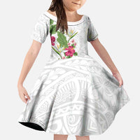 Hawaii Tropical Flowers Family Matching Summer Maxi Dress and Hawaiian Shirt - Polynesian Tattoo White LT05 Daughter's Dress White - Polynesian Pride