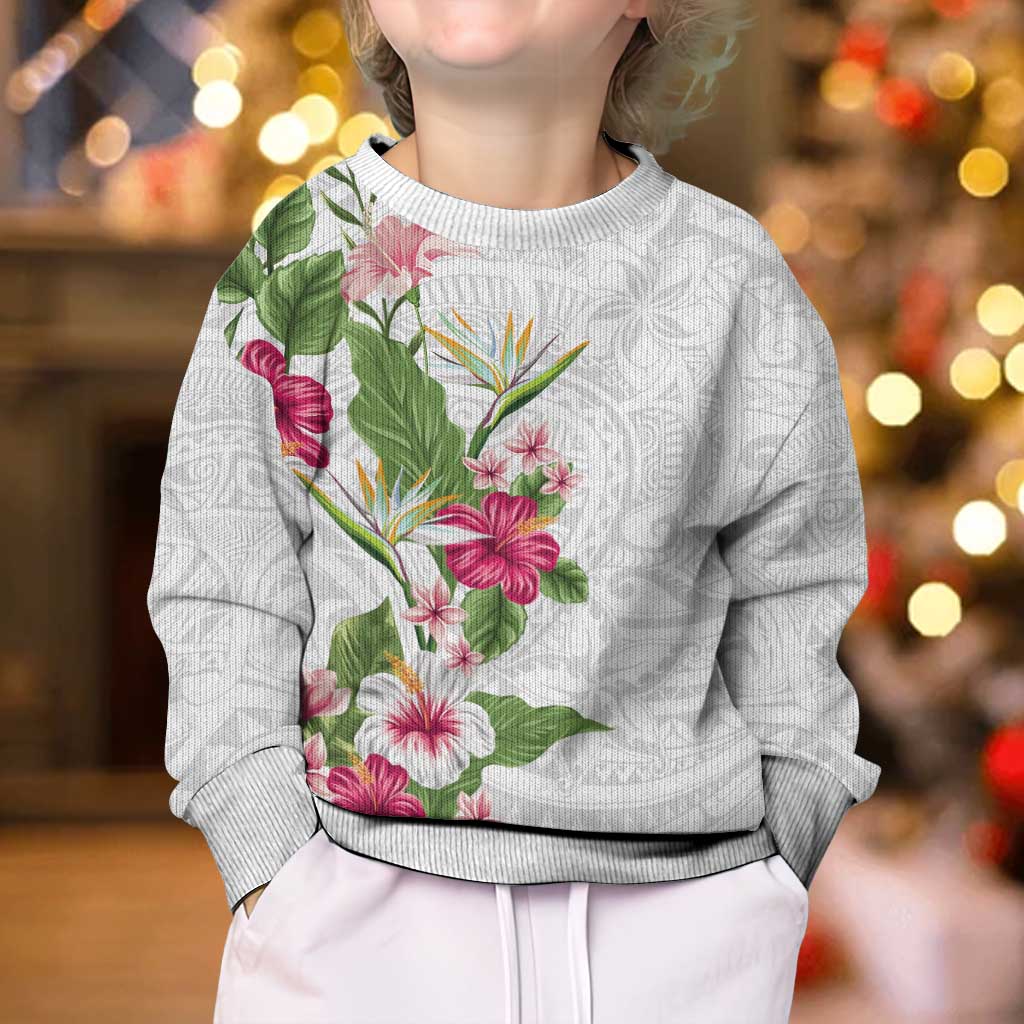 Hawaii Tropical Flowers Kid Ugly Christmas Sweater Polynesian Tattoo White
