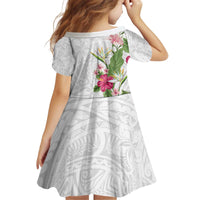 Hawaii Tropical Flowers Kid Short Sleeve Dress Polynesian Tattoo White