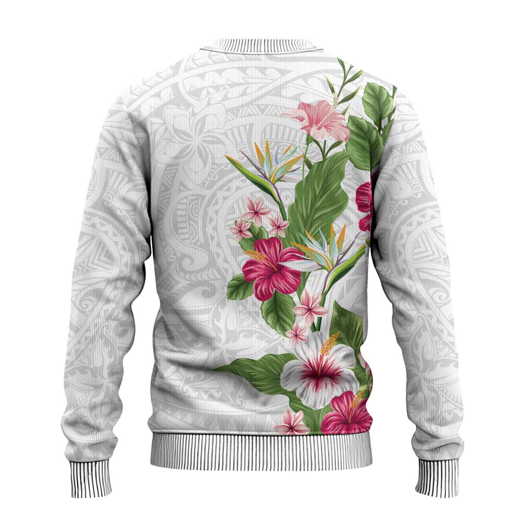 Hawaii Tropical Flowers Ugly Christmas Sweater Polynesian Tattoo White