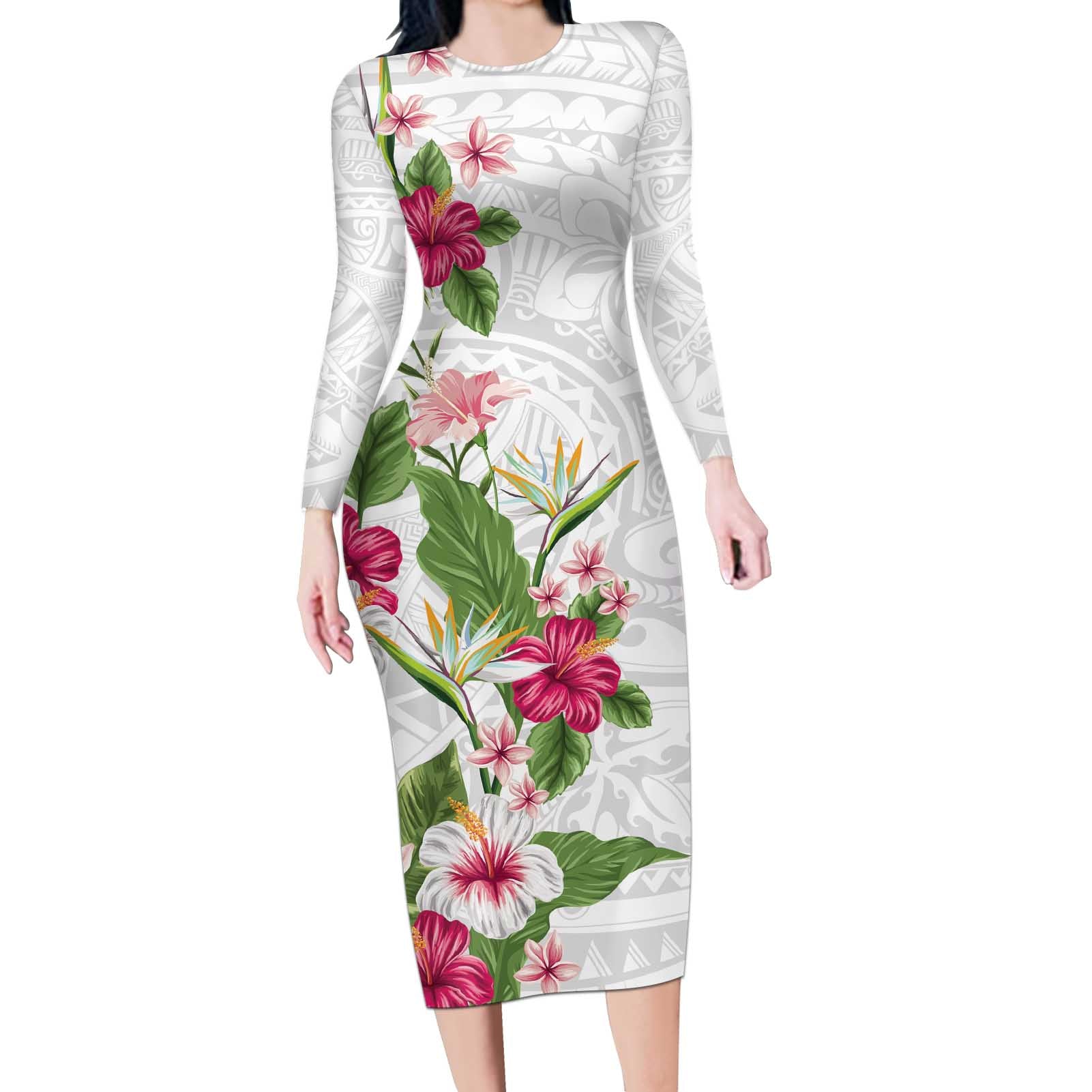 Hawaii Tropical Flowers Long Sleeve Bodycon Dress Polynesian Tattoo White