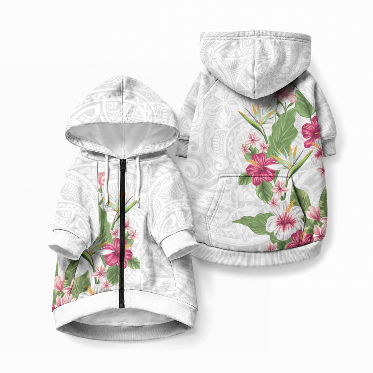 Hawaii Tropical Flowers Pet Hoodie Polynesian Tattoo White LT05 Zip-up White - Polynesian Pride