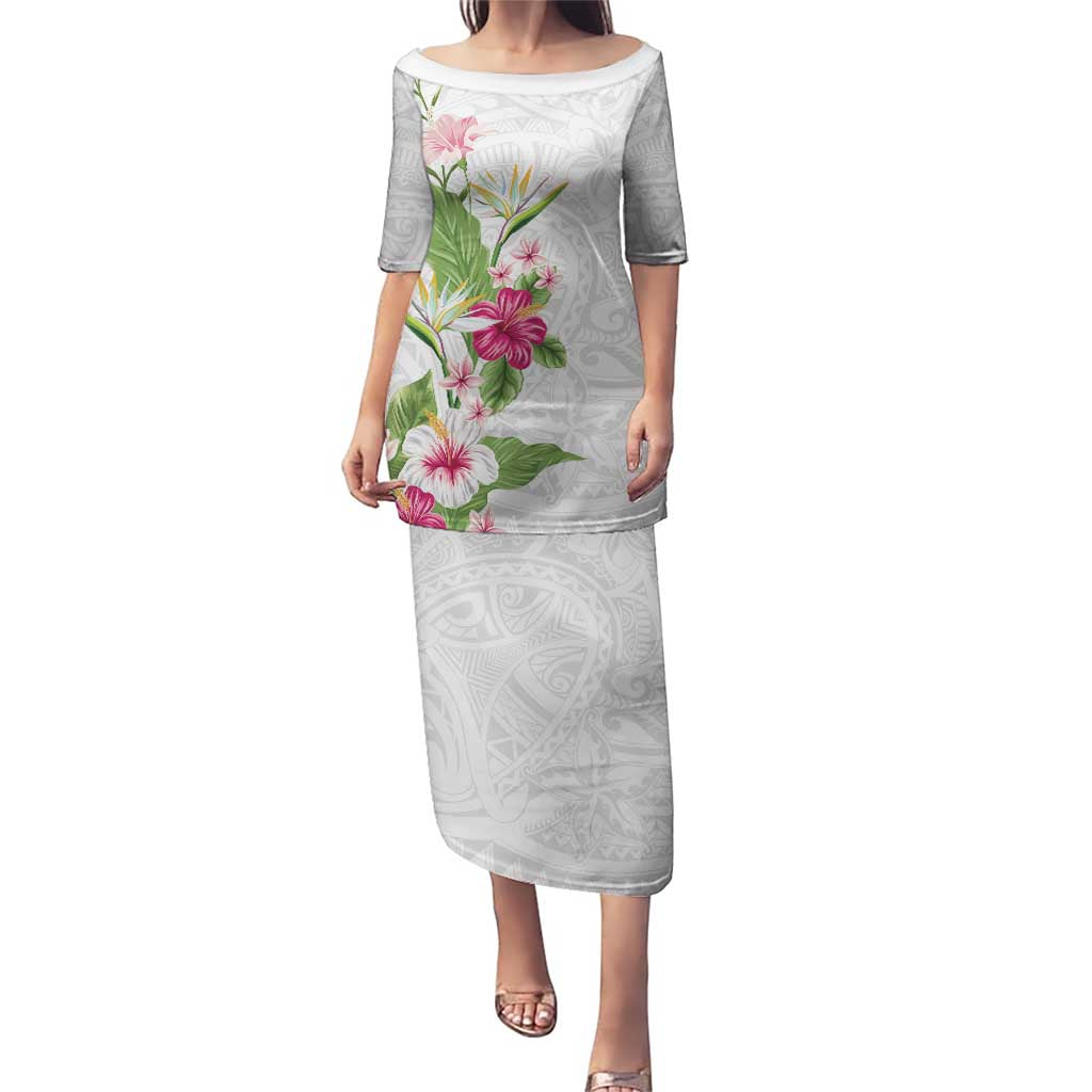 Hawaii Tropical Flowers Puletasi Polynesian Tattoo White