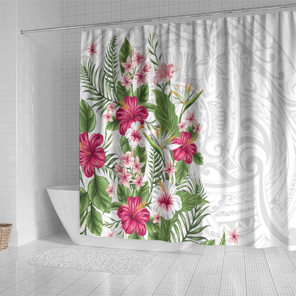 Hawaii Tropical Flowers Shower Curtain Polynesian Tattoo White LT05 - Polynesian Pride