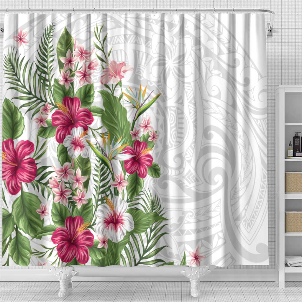Hawaii Tropical Flowers Shower Curtain Polynesian Tattoo White LT05 - Polynesian Pride