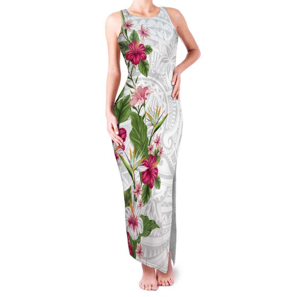 Hawaii Tropical Flowers Tank Maxi Dress Polynesian Tattoo White