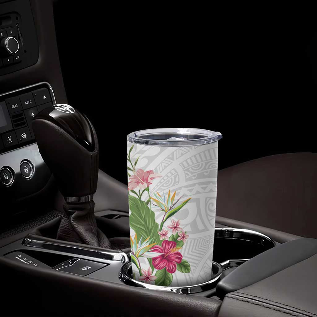 Hawaii Tropical Flowers Tumbler Cup Polynesian Tattoo White