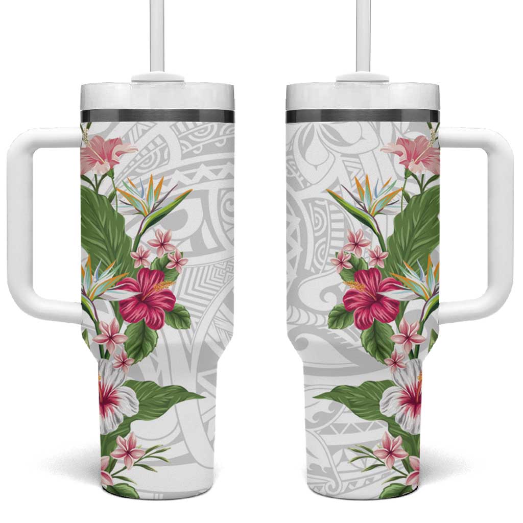 Hawaii Tropical Flowers Tumbler With Handle Polynesian Tattoo White LT05 One Size: 40 oz White - Polynesian Pride