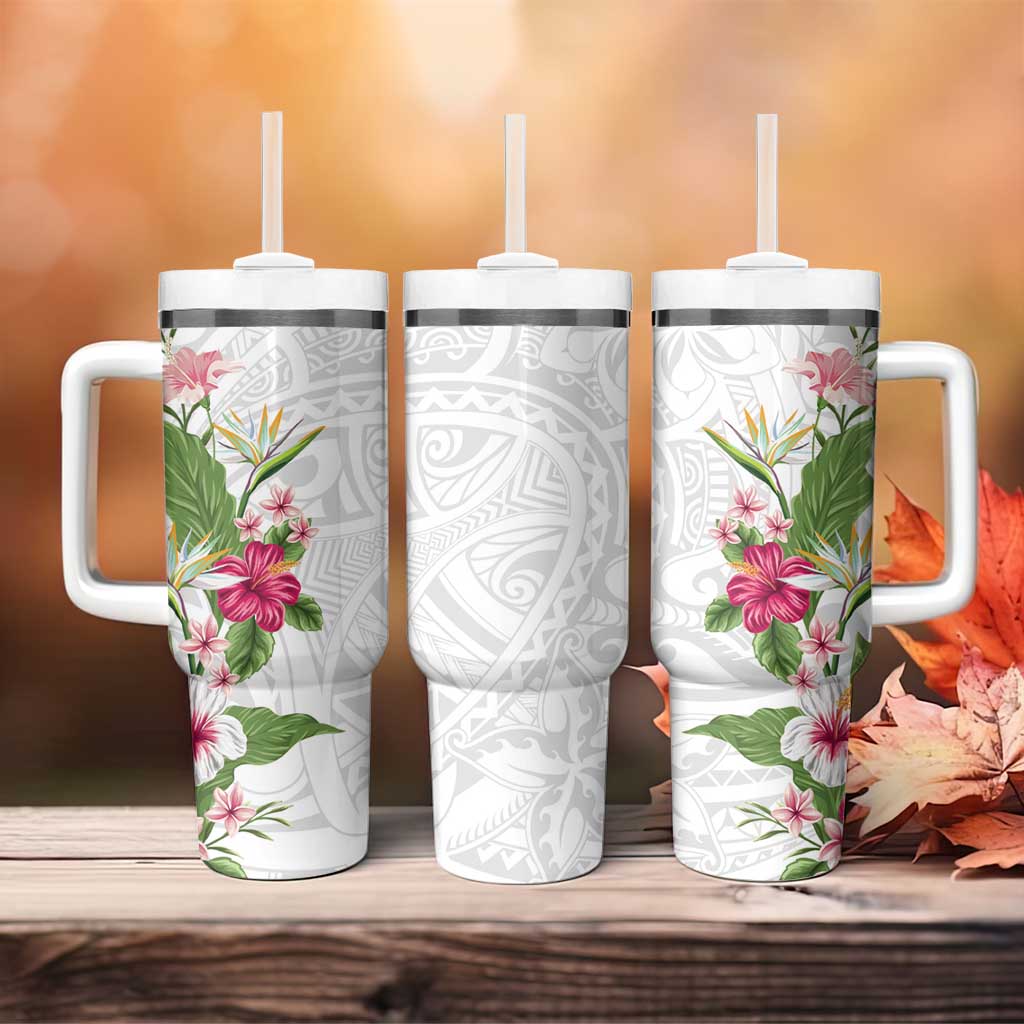 Hawaii Tropical Flowers Tumbler With Handle Polynesian Tattoo White LT05 - Polynesian Pride