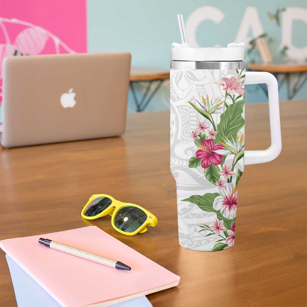 Hawaii Tropical Flowers Tumbler With Handle Polynesian Tattoo White LT05 - Polynesian Pride
