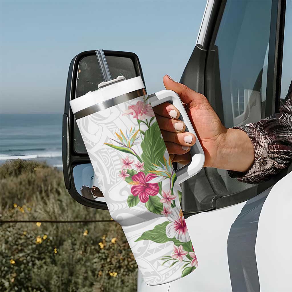 Hawaii Tropical Flowers Tumbler With Handle Polynesian Tattoo White LT05 - Polynesian Pride