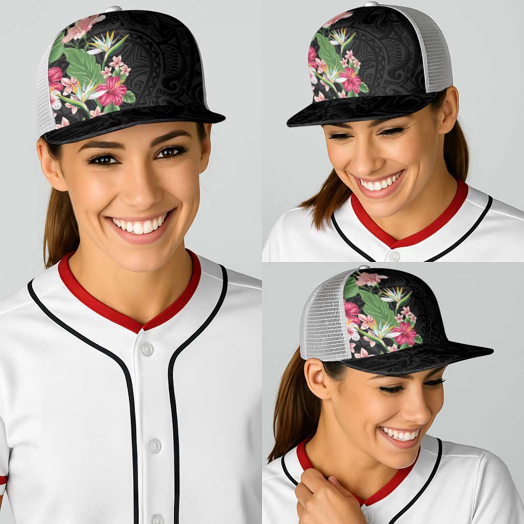 Hawaii Tropical Flowers Baseball Net Cap Polynesian Tattoo Black
