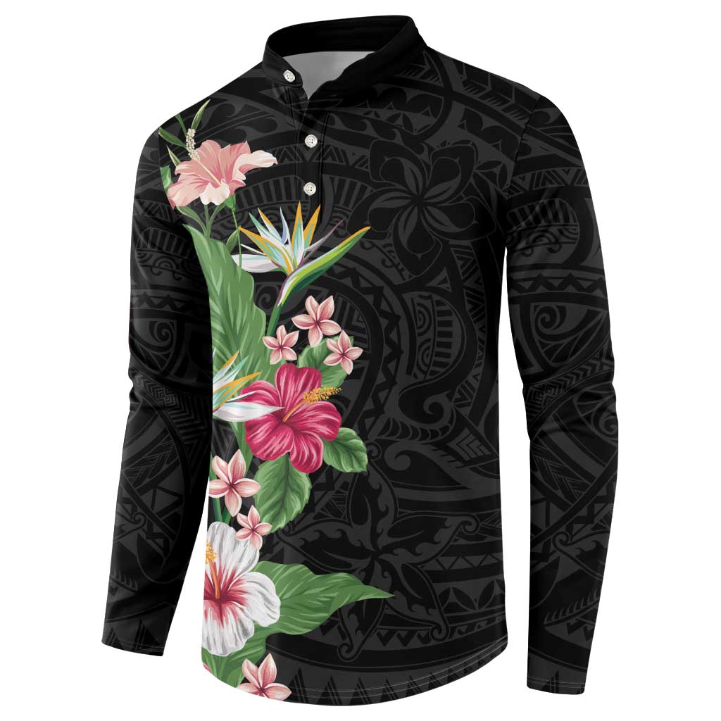 Hawaii Tropical Flowers Button Sweatshirt Polynesian Tattoo Black