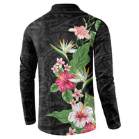 Hawaii Tropical Flowers Button Sweatshirt Polynesian Tattoo Black