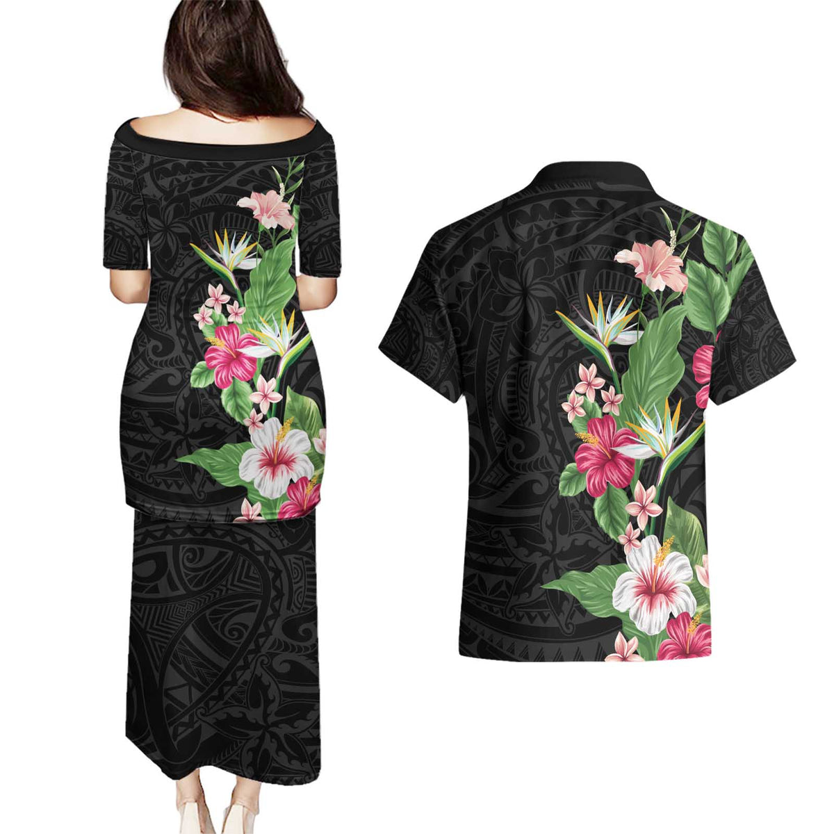 Hawaii Tropical Flowers Couples Matching Puletasi and Hawaiian Shirt Polynesian Tattoo Black