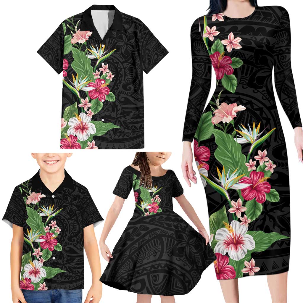 Hawaii Tropical Flowers Family Matching Long Sleeve Bodycon Dress and Hawaiian Shirt Polynesian Tattoo Black LT05 - Polynesian Pride