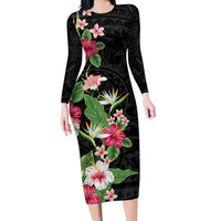 Hawaii Tropical Flowers Family Matching Long Sleeve Bodycon Dress and Hawaiian Shirt Polynesian Tattoo Black LT05 Mom's Dress Black - Polynesian Pride