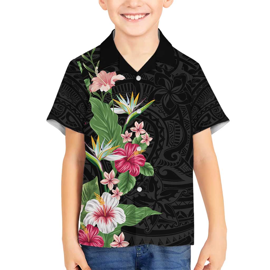 Hawaii Tropical Flowers Family Matching Long Sleeve Bodycon Dress and Hawaiian Shirt Polynesian Tattoo Black LT05 Son's Shirt Black - Polynesian Pride