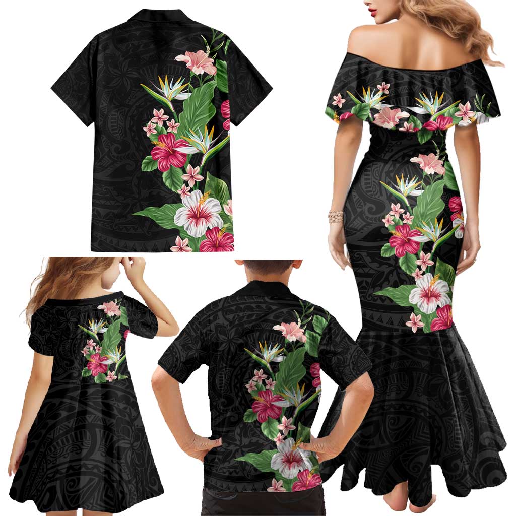 Hawaii Tropical Flowers Family Matching Mermaid Dress and Hawaiian Shirt Polynesian Tattoo Black LT05 - Polynesian Pride