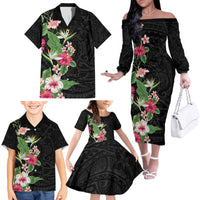 Hawaii Tropical Flowers Family Matching Off The Shoulder Long Sleeve Dress and Hawaiian Shirt Polynesian Tattoo Black LT05 - Polynesian Pride
