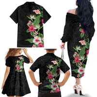 Hawaii Tropical Flowers Family Matching Off The Shoulder Long Sleeve Dress and Hawaiian Shirt Polynesian Tattoo Black LT05 - Polynesian Pride