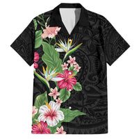 Hawaii Tropical Flowers Family Matching Off The Shoulder Long Sleeve Dress and Hawaiian Shirt Polynesian Tattoo Black LT05 Dad's Shirt - Short Sleeve Black - Polynesian Pride
