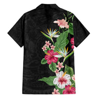 Hawaii Tropical Flowers Family Matching Off The Shoulder Long Sleeve Dress and Hawaiian Shirt Polynesian Tattoo Black LT05 - Polynesian Pride