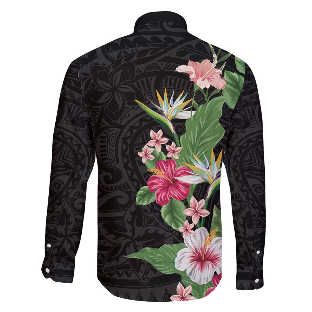 Hawaii Tropical Flowers Family Matching Off The Shoulder Long Sleeve Dress and Hawaiian Shirt Polynesian Tattoo Black LT05 - Polynesian Pride