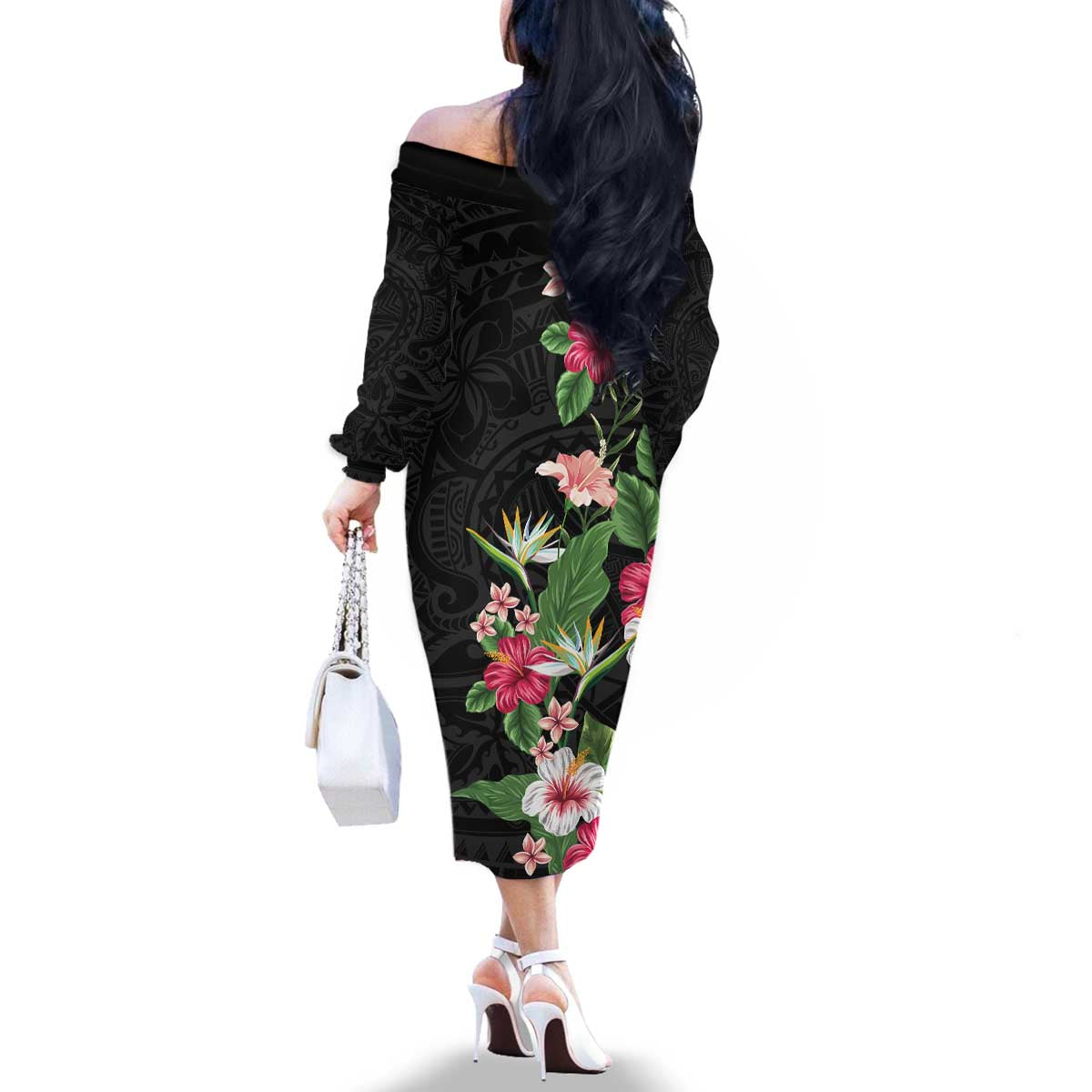 Hawaii Tropical Flowers Family Matching Off The Shoulder Long Sleeve Dress and Hawaiian Shirt Polynesian Tattoo Black LT05 - Polynesian Pride
