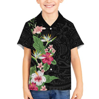 Hawaii Tropical Flowers Family Matching Off The Shoulder Long Sleeve Dress and Hawaiian Shirt Polynesian Tattoo Black LT05 Son's Shirt Black - Polynesian Pride