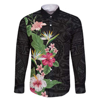 Hawaii Tropical Flowers Family Matching Off Shoulder Maxi Dress and Hawaiian Shirt - Polynesian Tattoo Black LT05 Dad's Shirt - Long Sleeve Black - Polynesian Pride