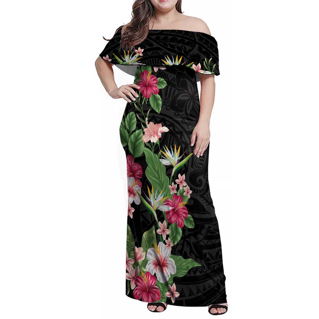 Hawaii Tropical Flowers Family Matching Off Shoulder Maxi Dress and Hawaiian Shirt - Polynesian Tattoo Black LT05 Mom's Dress Black - Polynesian Pride