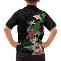 Hawaii Tropical Flowers Family Matching Off Shoulder Short Dress and Hawaiian Shirt Polynesian Tattoo Black LT05 - Polynesian Pride