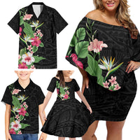 Hawaii Tropical Flowers Family Matching Off Shoulder Short Dress and Hawaiian Shirt Polynesian Tattoo Black LT05 - Polynesian Pride