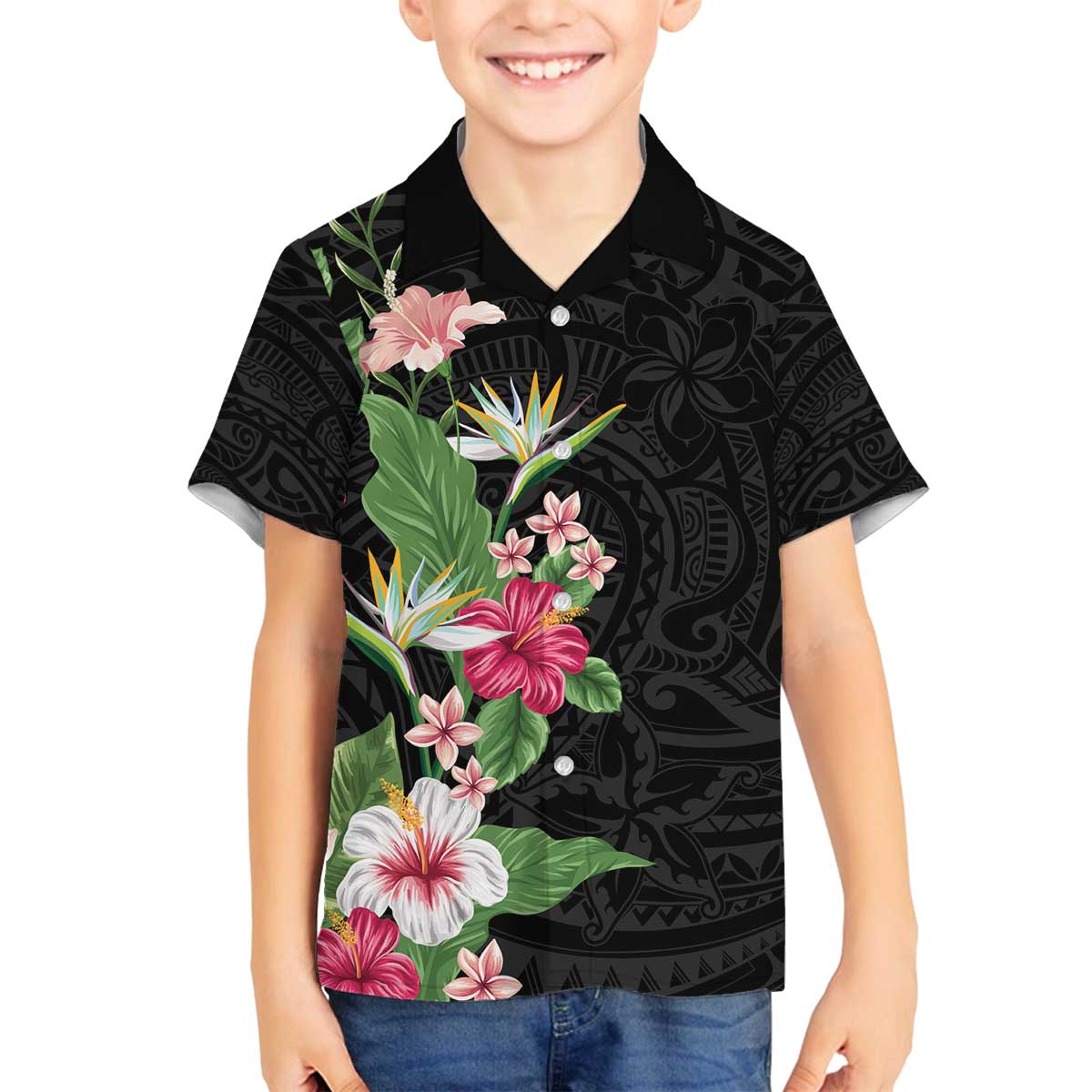 Hawaii Tropical Flowers Family Matching Off Shoulder Short Dress and Hawaiian Shirt Polynesian Tattoo Black LT05 Son's Shirt Black - Polynesian Pride