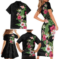 Hawaii Tropical Flowers Family Matching Short Sleeve Bodycon Dress and Hawaiian Shirt Polynesian Tattoo Black LT05 - Polynesian Pride