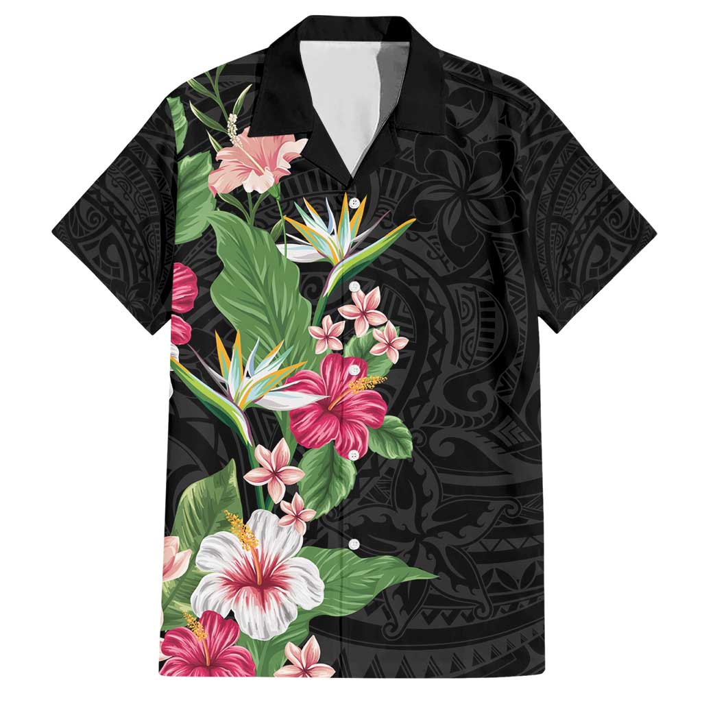 Hawaii Tropical Flowers Family Matching Short Sleeve Bodycon Dress and Hawaiian Shirt Polynesian Tattoo Black LT05 Dad's Shirt - Short Sleeve Black - Polynesian Pride