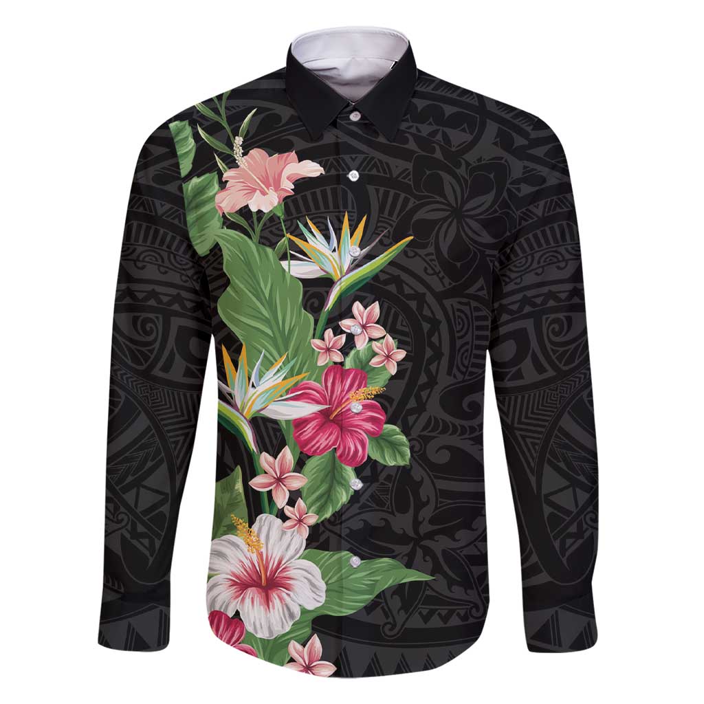 Hawaii Tropical Flowers Family Matching Short Sleeve Bodycon Dress and Hawaiian Shirt Polynesian Tattoo Black LT05 Dad's Shirt - Long Sleeve Black - Polynesian Pride