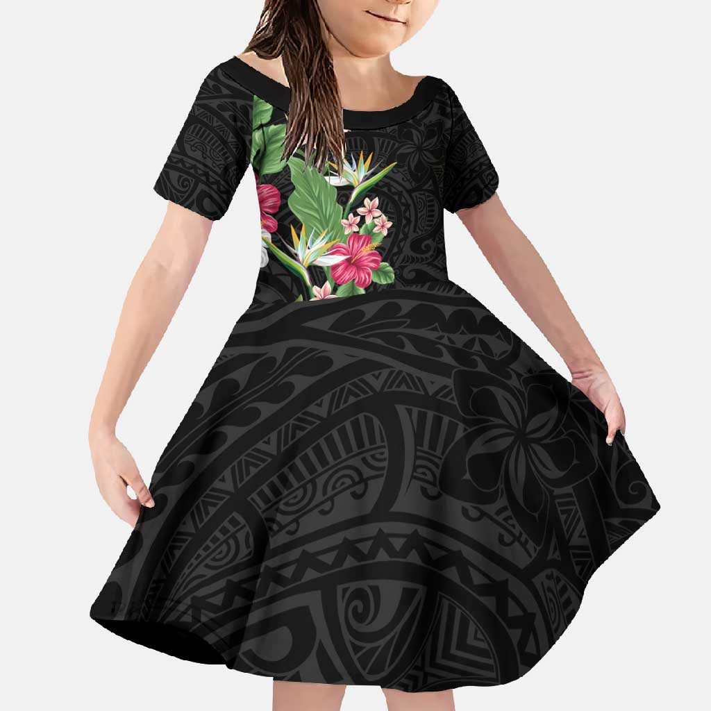 Hawaii Tropical Flowers Family Matching Tank Maxi Dress and Hawaiian Shirt - Polynesian Tattoo Black LT05 Daughter's Dress Black - Polynesian Pride